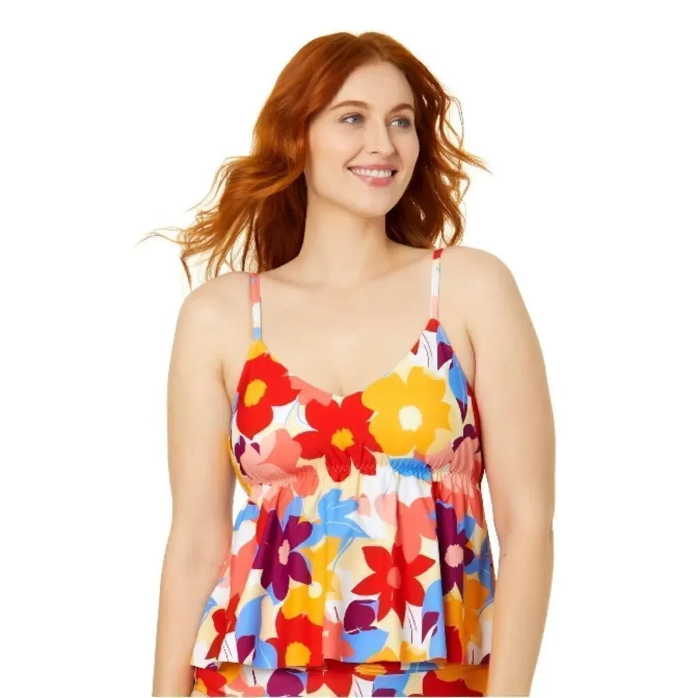 Women's Floral Flounce Tankini Modest Top Swimsuit Bathing Suit Size S